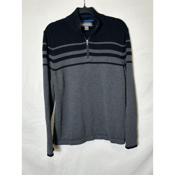 Eddie Bauer Men's 1/4 Zip Knit Sweater Black/Gray Stripe 100% Cotton Size M - Picture 1 of 4